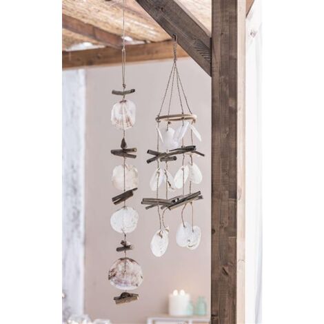 2x Windspiel "Capiz" aus Muscheln und Treibholz, Mobile 75 cm