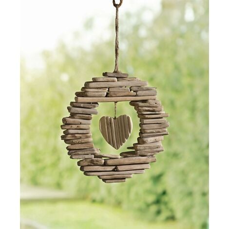 Dekohänger Herz aus Treibholz im Landhaus Stil, Holzkranz, Fensterdeko, Hängedeko für Drinnen & Draußen, Gartendeko