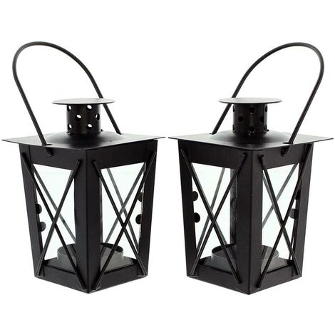 2x Mini Laterne aus Metall + Glas, schwarz, Teelichthalter