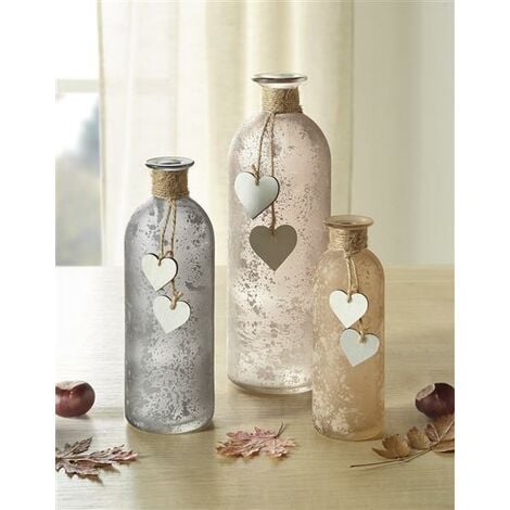 3er Set Vasen Flasche aus satiniertem Glas mit Holz-Herzen, Blumenvase