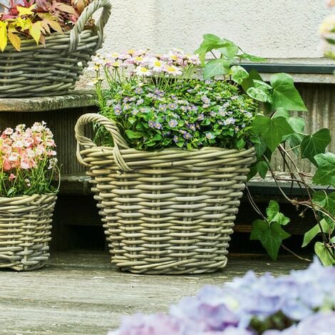 Pflanzkorb Rustikal Ø 35x25 cm groß, aus Rattan, rund, grau, Blumentopf