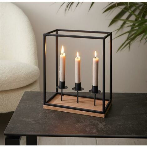Kerzenhalter Square aus Metall & Holz im industrial Design für 3  Stabkerzen, Kerzenständer