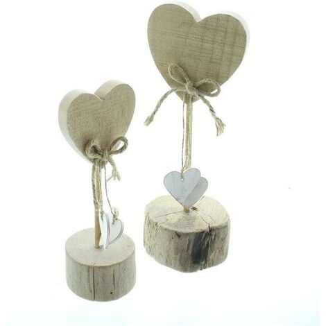2x Dekosäule Herzen aus Holz, 21 + 28 cm hoch, Tischdeko, Hochzeitsdeko, Herzdeko