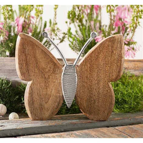 Deko Schmetterling aus Mangoholz & Alu, 21 cm hoch, Dekofigur, Holzdeko
