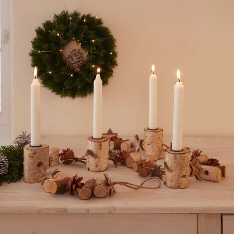 4 Kerzenständern, Girlande Zapfen & Lichterkette mit Holz Kerzenhalter Birke, aus