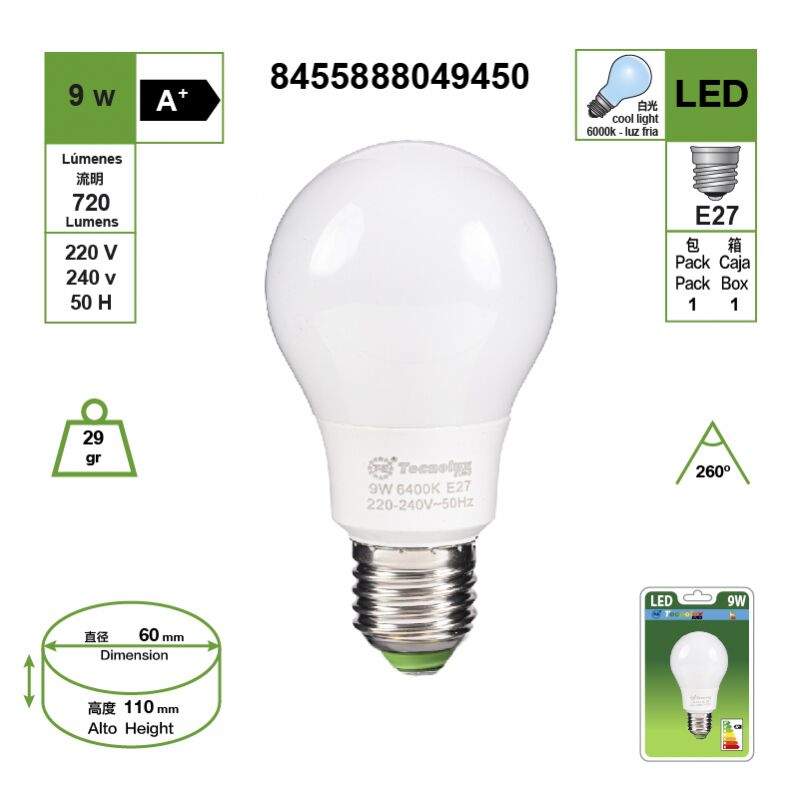 Bombilla LED estándar A60, 9W, E27, luz blanca 6400K, 720LM (5-Unidades)