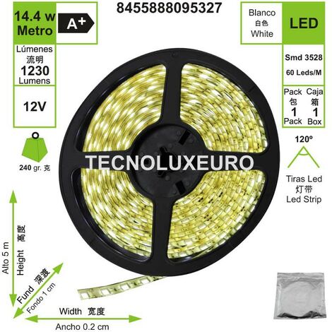Tira LED smd 5050, 60 leds-m, ip65, color blanco, 14.4 W-Metro, 12V, 5m