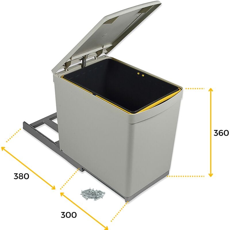 Emuca Recycle-Mülleimer mit unterseitiger Befestigung und manuellem Auszug  mit 1 Eimer an 16 Litern und automatischem Deckel, Grau