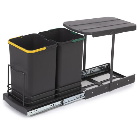Emuca Recycle-Küchenrecyclingbehälter, 2x12 L, Bodenbefestigung und Handauszug/automatischen Auszug, Kunststoff anthrazitgrau