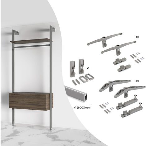 Emuca Set aus Bracket set für 1 Holzregal, 1 Modul und 1 Aufhängestange Länge 1m Zero, Zamak, Farbe Steingrau lackiert