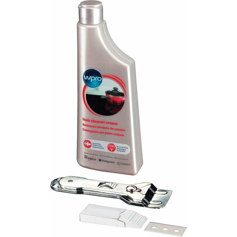 WPRO KVC015 KIT DI PULIZIA PER VETRI CERAMICI CON DETERGENTE PER RASCHIETTO  E 10 LAME DI RICAMBIO PER TEGLIE DA FORNO