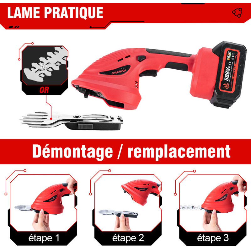 Cisaille à Gazon 2-en-1 Sans Fil - Lame Herbe 13,2cm + Lame Arbustes 22cm - Batterie 1500mAh - Parfait Pour Jardin