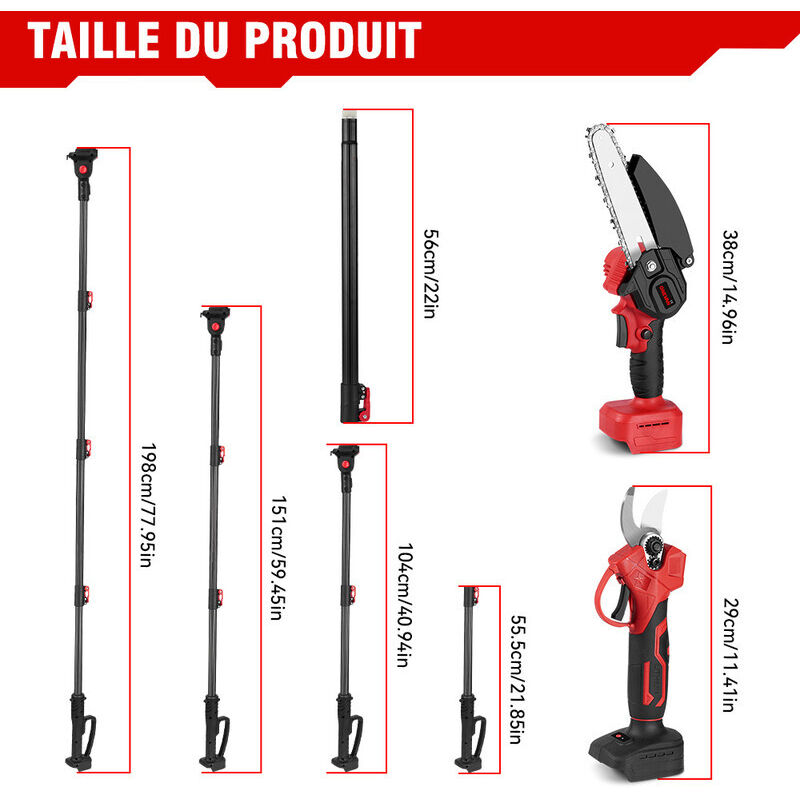 Eleguese - Kit 3-en-1 Sécateur Et Tronçonneuse Sur Perche Télescopique - Batterie 36V - Longueur 128-248cm - Pour Jardin