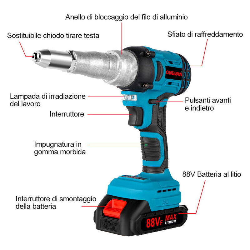 Pistolet à Riveter électrique Sans Fil ONEVAN - Pour Batterie Makita 18V - Pince à Rivets Aveugles - Valise Incluse