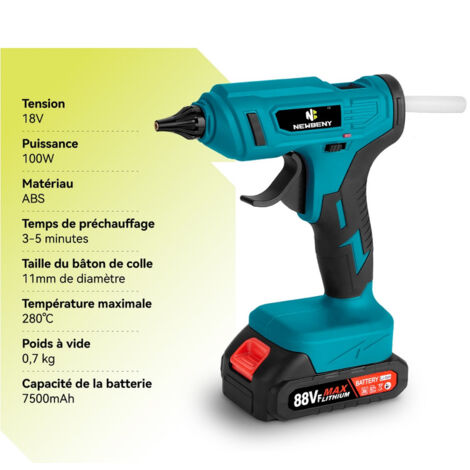 Pistolet à colle portable sans fil 100W, avec 10 bâtons de colle,Pistolet à Colle Electrique de Chauffage Rapide pour Réparation, Art et DIYrapides (Livré avec 2 piles）