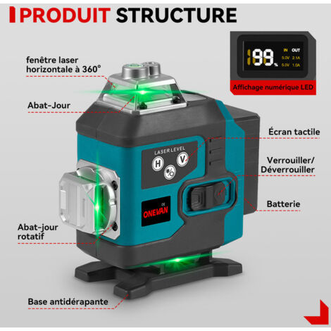 Niveau laser vert 4x360°,16 Lignes 4D Laser Auto-Nivelant Croisée Outil，Portée de travail 25 m,Avec trépied de 1 m et télécommande, deux Batterie et chargeur