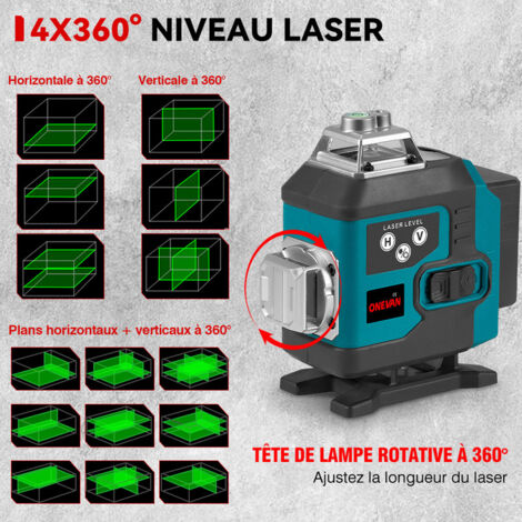 Niveau laser vert 4x360°,16 Lignes 4D Laser Auto-Nivelant Croisée Outil，Portée de travail 25 m,Avec trépied de 1 m et télécommande, deux Batterie et chargeur