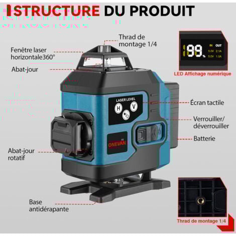 Niveau laser vert 4x360°，16 Lignes Laser Auto-Nivelant Croisée Outil，Portée de travail 25 m,avec télécommande&Trépied de niveau 150 cm