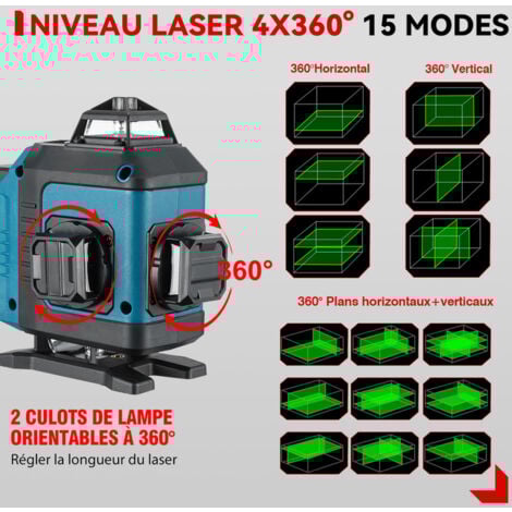 Niveau laser vert 4x360°，16 Lignes Laser Auto-Nivelant Croisée Outil，Portée de travail 25 m,avec télécommande&Trépied de niveau 150 cm