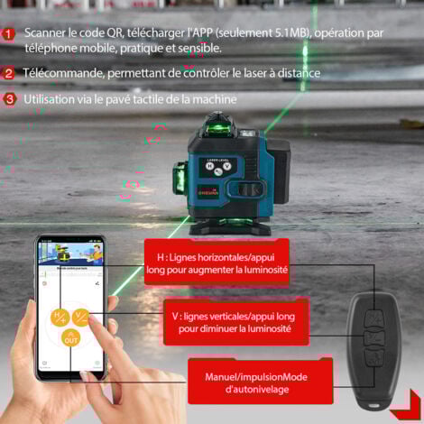 Niveau laser vert 4x360°，16 Lignes Laser Auto-Nivelant Croisée Outil，Portée de travail 25 m,avec télécommande&Trépied de niveau 150 cm