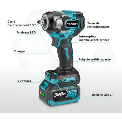 Clé à Choc Highsam 1000 N.m s Sans Fil Brushless, 1/2 Pouce Boulonneuse A Choc Electrique Avec 2x4.0Ah Batterie, Chargeur Rapide, Visseuse à Choc Avec 5 Douilles Pour La Voiture Et La
