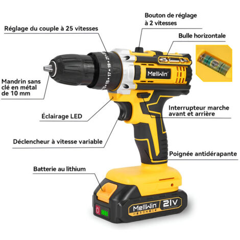 Anluomania Perceuse Visseuse Sans Fil 21V 45Nm - 3-en-1 Percussion, 2 Vitesses, 25+3 Couples, LED, 2 Batteries 1.3Ah - Kit Complet Bricolage