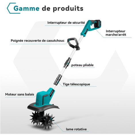 Motobineuse Sans Fil 20V, Motobineuse Électrique Avec 2Ah Batterie Et Chargeur Largeur Travail 105 Cm Profondeur Travail 25 Cm Tube Telescopique Bineuse A Terre Electrique 87944518