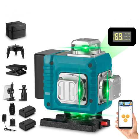 Niveau laser 4D avec nivellement automatique et mode manuel, Distance de Travail 25 m, vert,16 Lignes, haute précision ± 1 mm,2 x Batterie