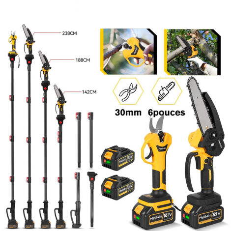 Élagueuse Sur Perche 2 En 1 6 Pouces – Mini Tronçonneuse Batterie Brushless 550W – 2 Batteries – Jusqu’à 2,4 M