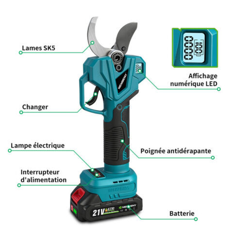 Sécateur Électrique 21V Avec Manche Télescopique 2m - 2 Batteries 2000mAh, Lames SK5, LCD - Coupe Jusqu'à 40mm