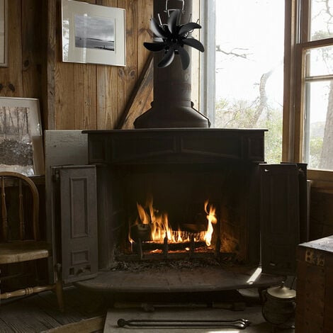 Ventilateur de poêle à 7 lames avec thermometre, Ventilateur de cheminée  noir pour poêle à bois à bûches, pour la maison, silencieux, à économie de