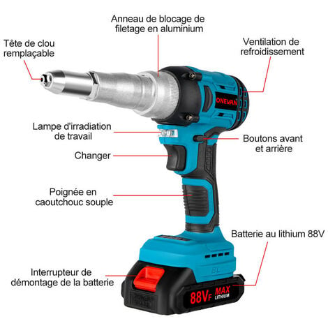 Riveteuse électroportative ONEVAN 20000N,2.4 - 5.0mm Pistolet à rivet -  avec batterie et chargeur