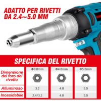 Riveteuse Sans Fil électrique – Compatible Rivets 2,4 à 4,76 Mm – Moteur Sans Balais, 2 Batteries, Lumière LED – Parfaite Pour Bricolage, Auto, Réparations