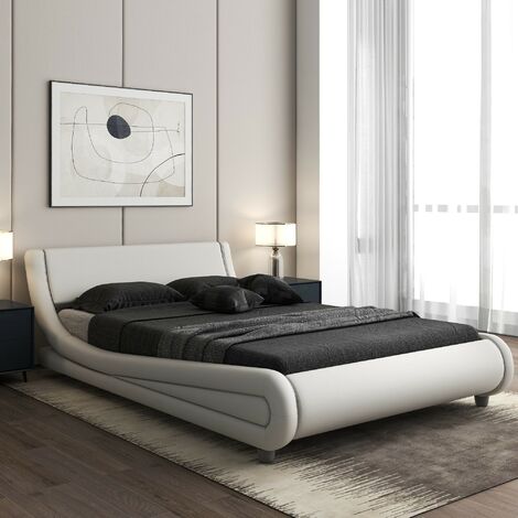 Double Bed PU Platform Bed Frame,Upholstered Bed,with Curved Headboard,Modern Leather (White, 135*190 cm