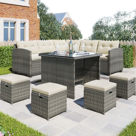 Patio Furniture Set, 8 Piece Patio Dining Sofa Set, All Weather Wicker Rattan Sofa with Dining Table & Chair & 4 Ottoman, Grey wicker + Beige cushions