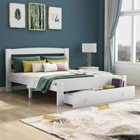 Double Bed Frame Wooden Bed , Solid Pine Double Bed with Headboard and Footboard (White)