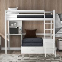 Single 3FT Loft Bed Frame With Bookshelf and Retractable Pullout Bed, Storage, High Sleeper Bunk Bed, Children Bed with Solid Pine Wood for Kids ,90X190CM(White)