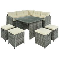 Patio Furniture Set, 8 Piece Patio Dining Sofa Set, All Weather Wicker Rattan Sofa with Dining Table & Chair & 4 Ottoman, Grey wicker + Beige cushions