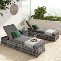 Sun Lounger Set 3 Pieces Rattan Recliner Lounger, Outdoor Patio Rattan Furniture With Adjustable Backrest, Coffee Table, Padded Cushion, Grey Rattan With Grey Cushion
