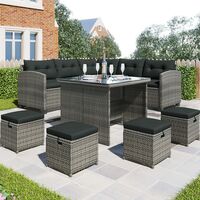 Patio Furniture Set, 8 Piece Patio Dining Sofa Set, All Weather Wicker Rattan Sofa with Dining Table & Chair & 4 Ottoman, Grey wicker + Grey cushions
