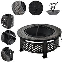 Outdoor fire pit, big round fire bowl, garden patio heater, BBQ grill, natural rusted metal brazier with poker, cooking grid, charcoal grid, mesh cover, φ81 cm