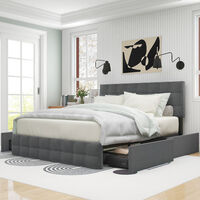 Double bed, Upholstered Bed Frame with 4 Storage Drawers, Adjustable Height Headboard & Square Stitched Design, Metal Slat Support, Linen Material (Double 4ft6 135*190 cm, Grey)