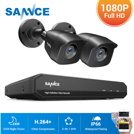 SANNCE 4CH 5 en 1 1080p DVR Sistema de cámara de seguridad con y de vigilancia 1080p para interiores y exteriores Kits de videovigilancia 2 cámaras - Sin disco duro