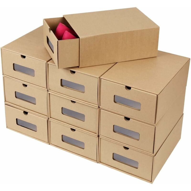 BAMNY 10 cajas de cartón ondulado para zapatos, cajas de almacenamiento de zapatos con cajones, cajas de cartón kraft ondulado para manualidades (33,5 cm x 23 cm x 13 cm) (10)