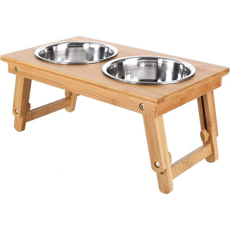 BAMNY Comedero para Gatos y Perros, Dispensador con Soporte de Bambú, Altura Regulable, con 4 Cuencos de Acero Inoxidable