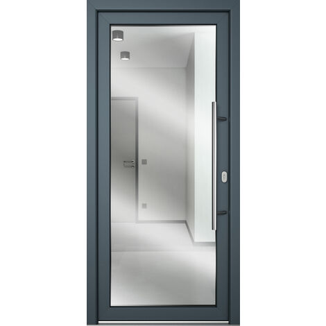 Meeth – Porte d'entrée en verre feuilleté blanc/titane 108x208cm – Sens d'ouverture tirant droit – Isolation thermique 1,6 Ud – 3 paumelles réglables