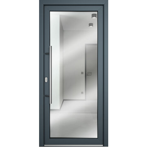 Meeth – Porte d'entrée en verre feuilleté blanc/titane 98cm – Hauteur 208cm – Sens d'ouverture tirant gauche – Isolation thermique 1,6 Ud