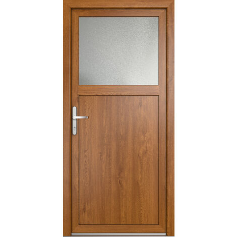 Meeth – Porte de service PVC 90x205cm – Ouverture tirant gauche – Isolation renforcée – Double vitrage 24mm – Couleur blanc/chêne doré