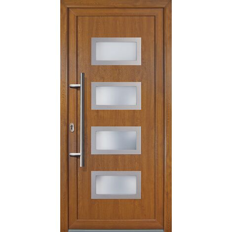 Meeth – Porte d'entrée en PVC modèle 92 – Intérieur blanc, extérieur chêne doré – Largeur 98cm, hauteur 200cm – Sens d'ouverture tirant gauche