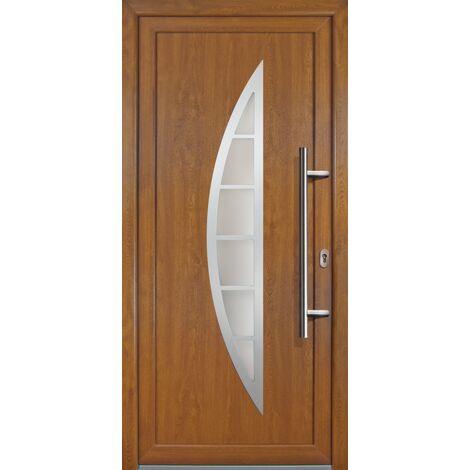Meeth – Porte d'entrée bois modèle 28 – Intérieur blanc – Extérieur chêne doré – Largeur 88cm – Hauteur 208cm – Sens d'ouverture tirant droit